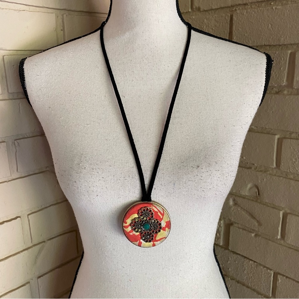 Lucky Brand Brass Plate Faux Turquoise Peacock Pendant Necklace Boho Western